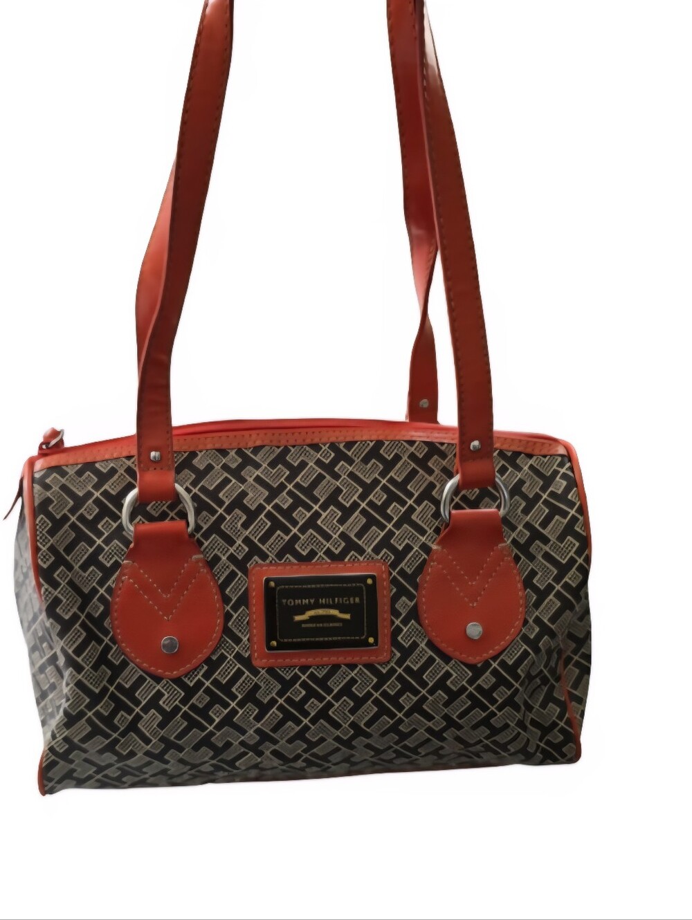 Tommy Hilfiger Jacquard Bag Monogram Handbag Faux Leather Orange Trim Purse Y2K